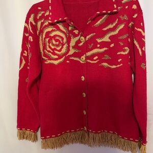 Vintage western Red and Gold Women's Frindged Sweater